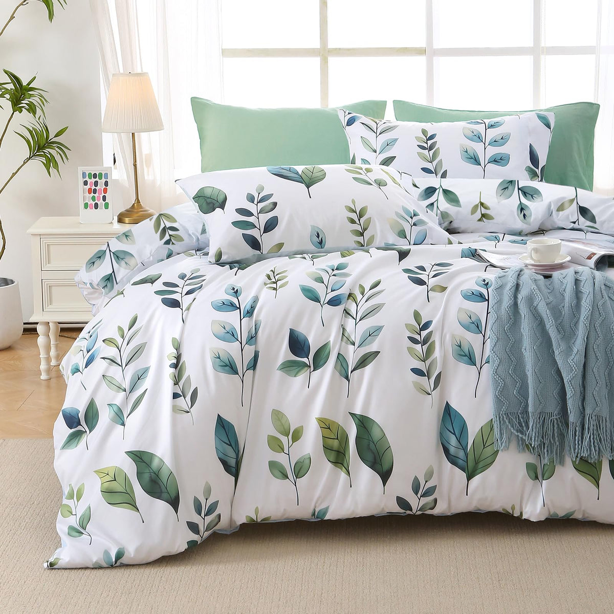 MUXHOMO Beige Full Comforter Set, Elegant Floral Print Bed in a Bag 7 Pieces, Ultra Soft & Breathable Reversible Botanical Pattern Bedding Set with Comforter, Sheets, Pillowcases, and Shams