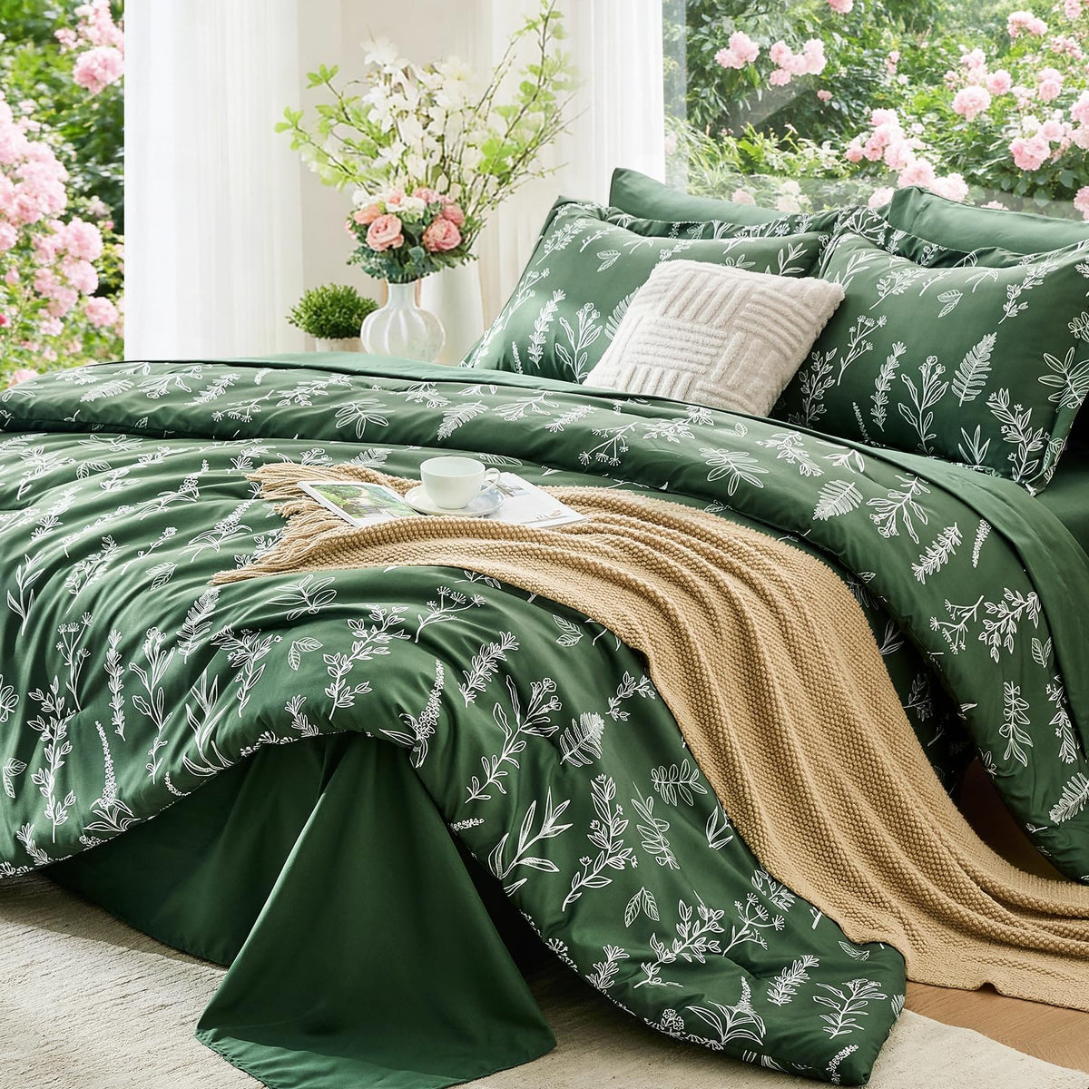 MUXHOMO Beige Full Comforter Set, Elegant Floral Print Bed in a Bag 7 Pieces, Ultra Soft & Breathable Reversible Botanical Pattern Bedding Set with Comforter, Sheets, Pillowcases, and Shams