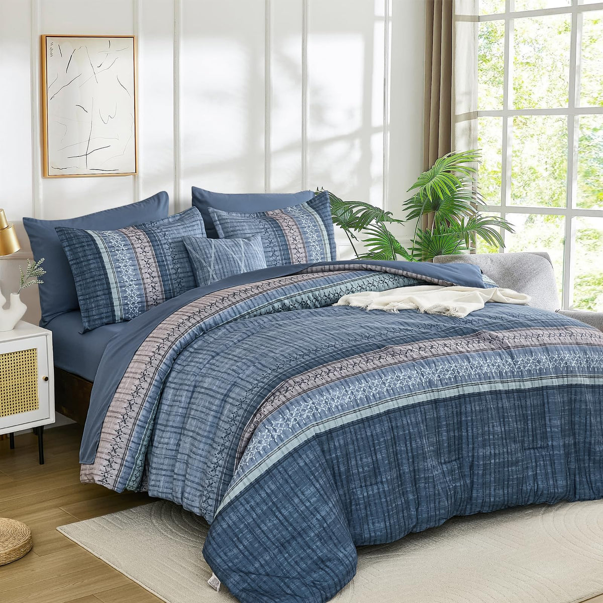 Dintszyayue Sage Green King Comforter Size Set, 8 Pieces Striped Boho Texture Bed in a Bag Sets, Lightweight Soft Bohemian Comforter and Sheet Set, All Season Microfiber Bedding Sets for Men Women