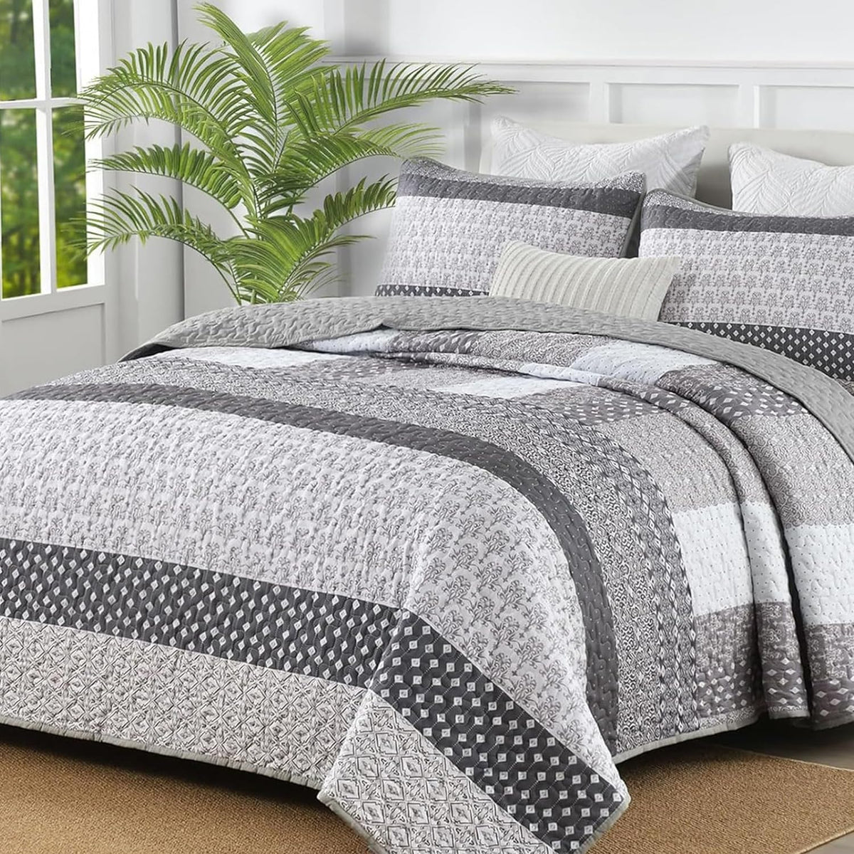 WONGS BEDDING Beige Quilt Queen Size, Boho Striped Bedspread