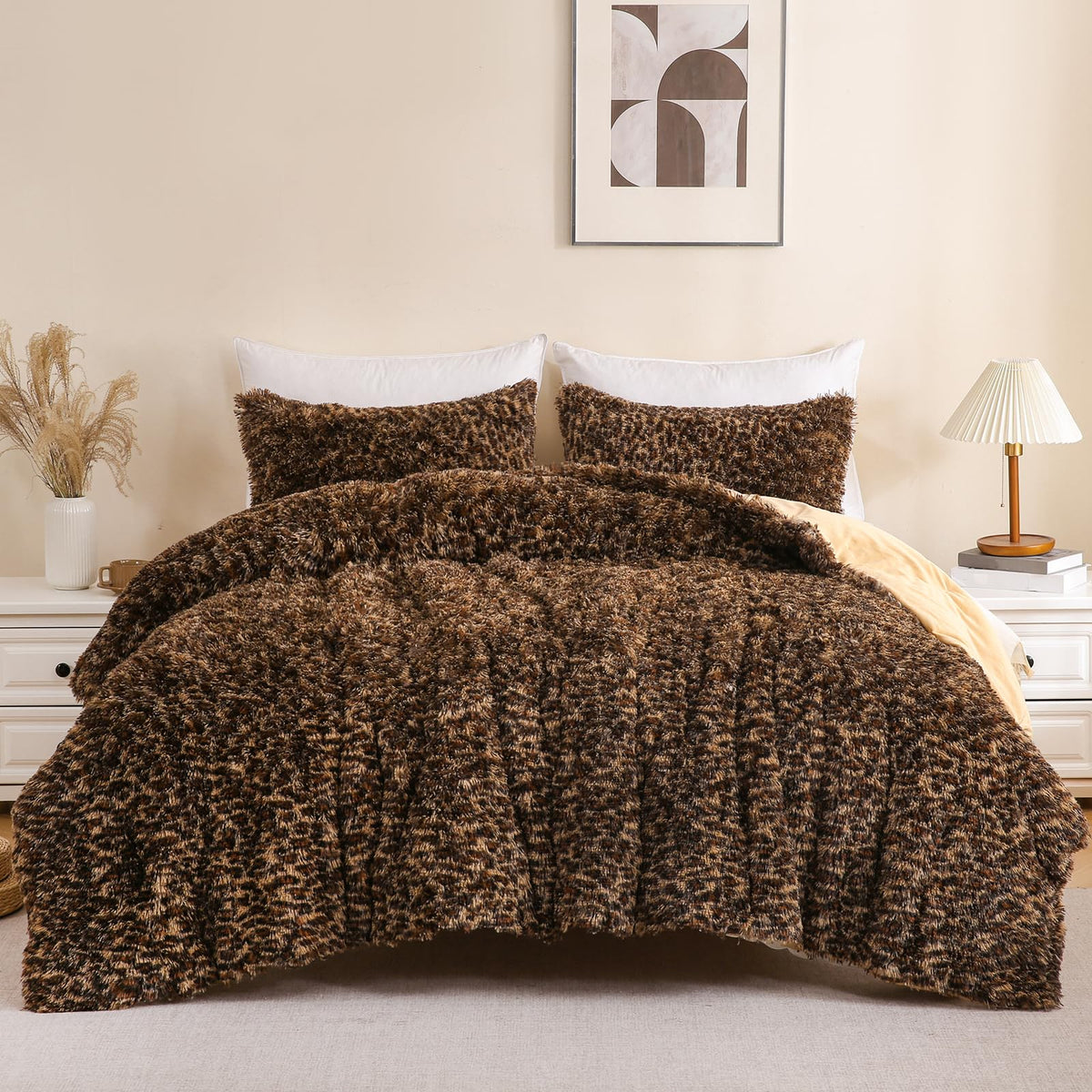 Cheetah Print Fluffy Faux Fur Comforter Set Full Size, 3 Pieces, Brown