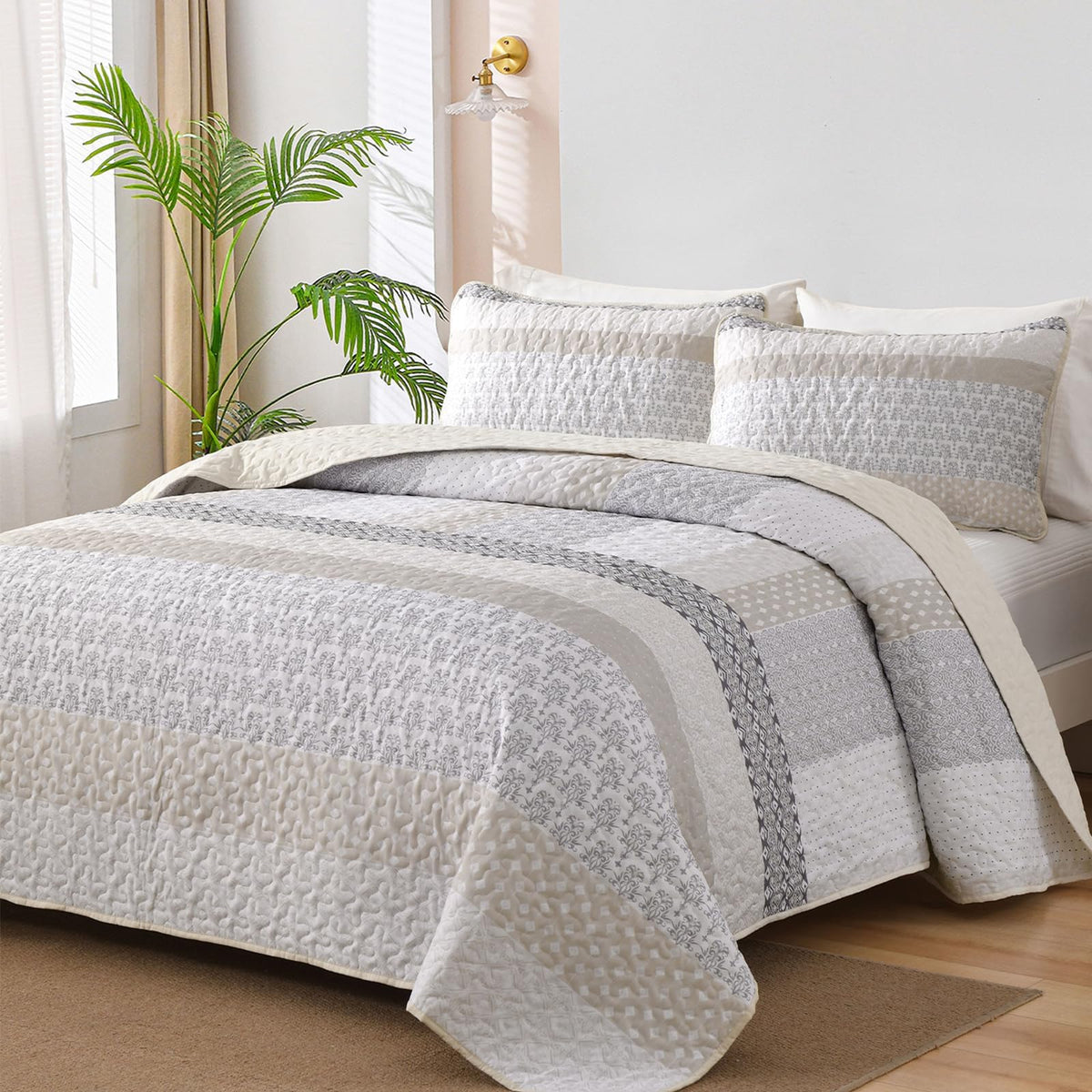WONGS BEDDING Beige Quilt Queen Size, Boho Striped Bedspread