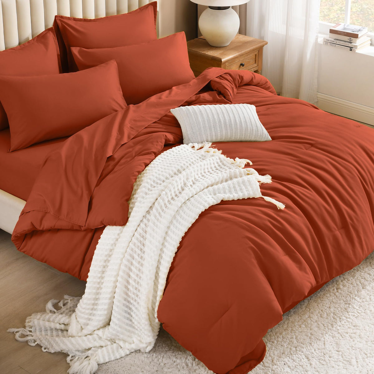 Litanika King Comforter Set with Sheets Beige - 7 Pieces Solid Bed in a Bag