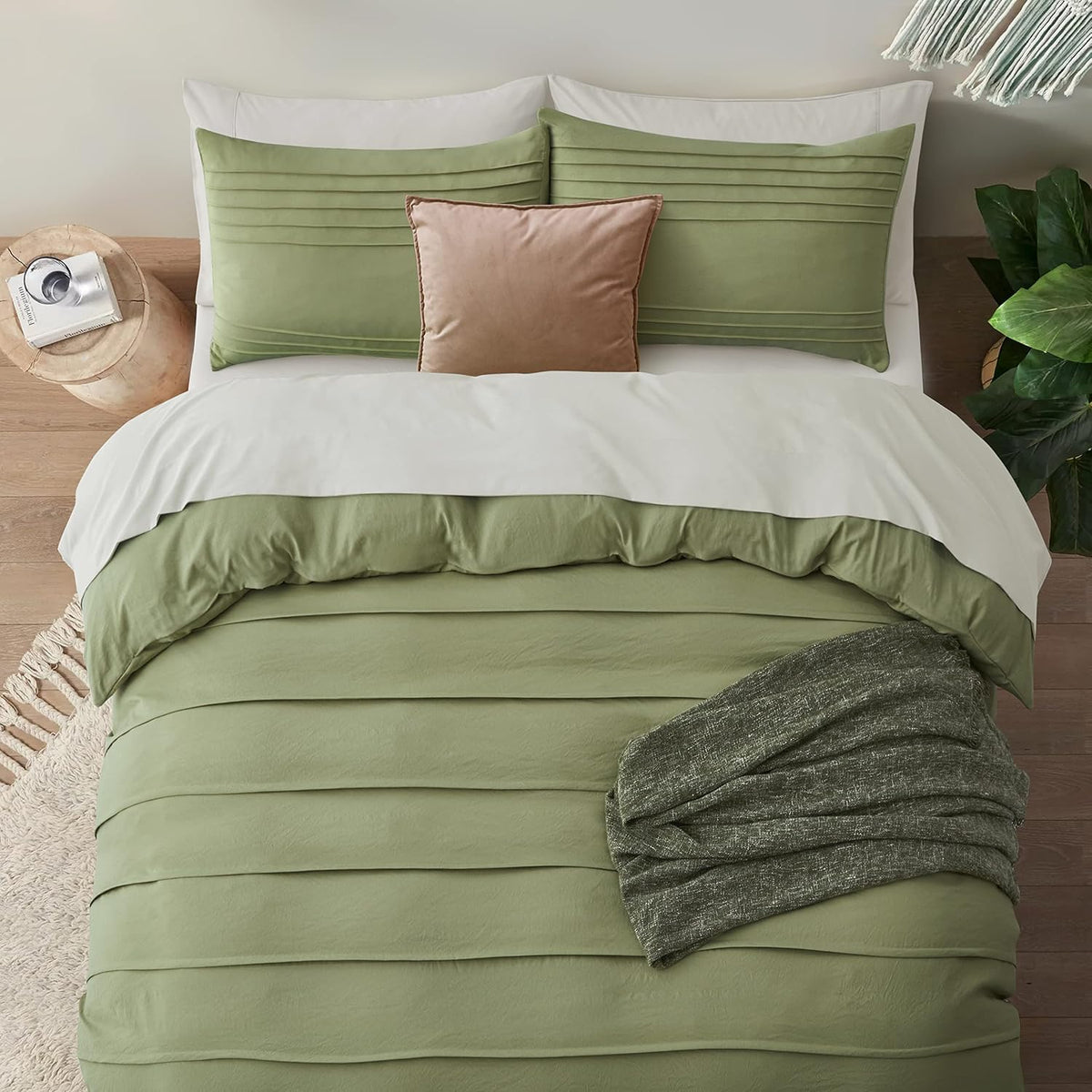 Oli Anderson 3PCS Pleated Duvet Cover Set, Sage Green, Queen