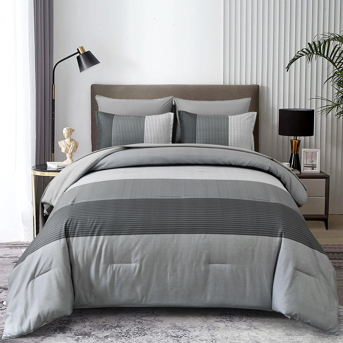 Anibedding Striped Comforter Set Queen Size, Boho Brown Green Striped Bedding Comforter Set 7 Piece Bed in a Bag, Soft Microfiber Down Alternative Farmhouse Bedding Set for All Season(90"x90")