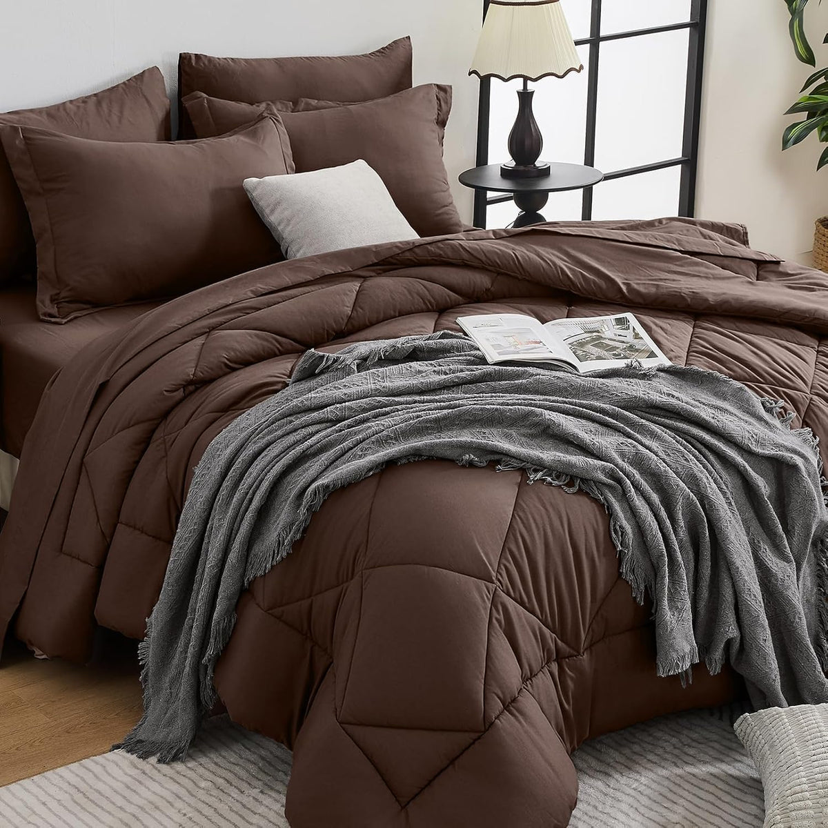 HEVUMYI 7-Piece King Comforter Set, Dark Grey Bed in a Bag