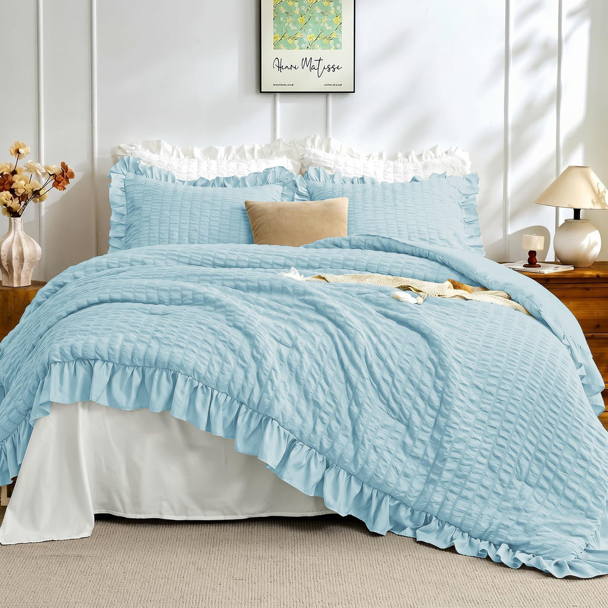 JOLLYVOGUE Ivory Comforter Full Size, 3 Pieces Seersucker Lightweight Full Size Bedding, All Season Fluffy Microfiber Bedding Comforter Set with 1 Ruffle Comforter and 2 Ruffle Pillowshams