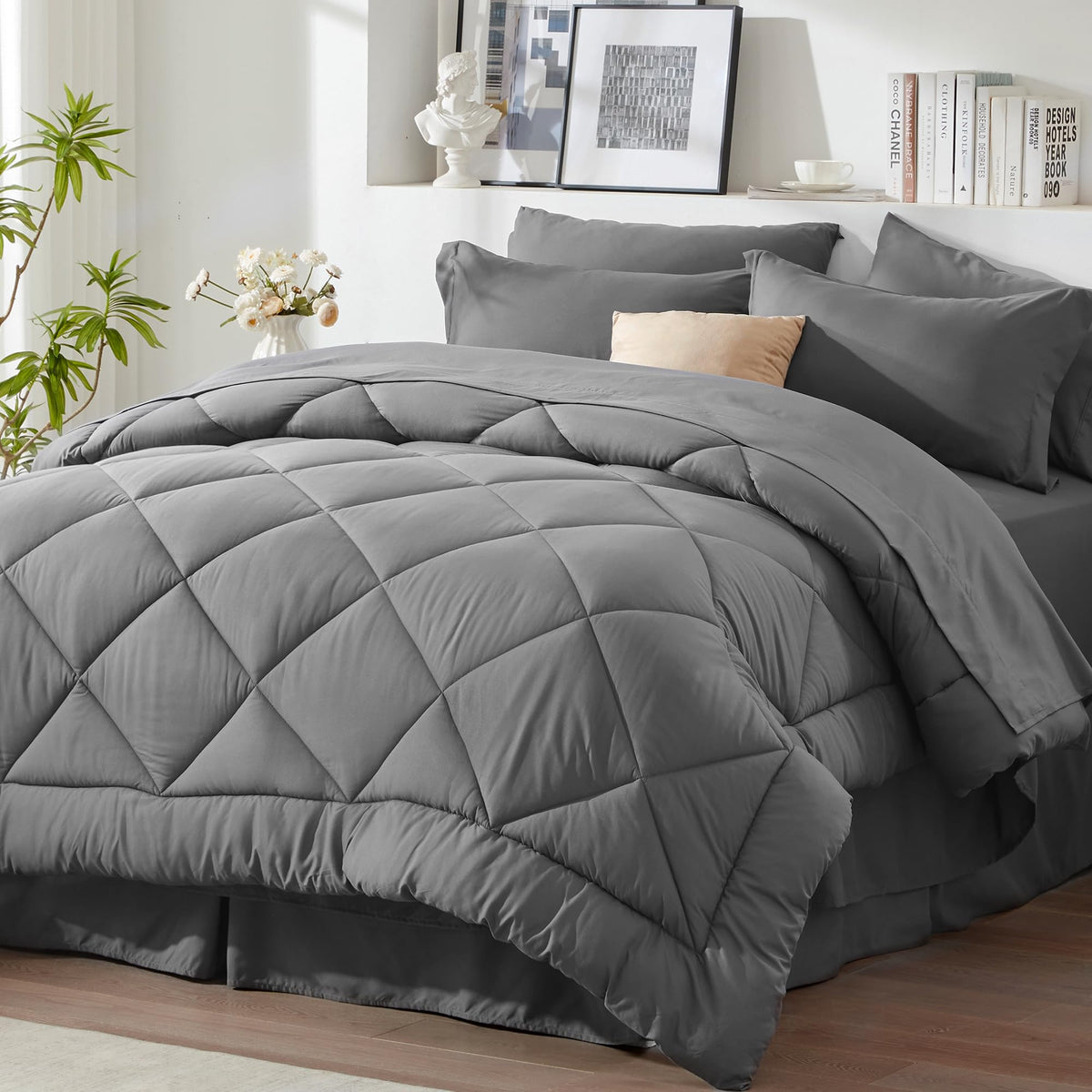 Newspin Queen Comforter Set 8 Pieces Bed in a Bag Soft Bedding Set Beige