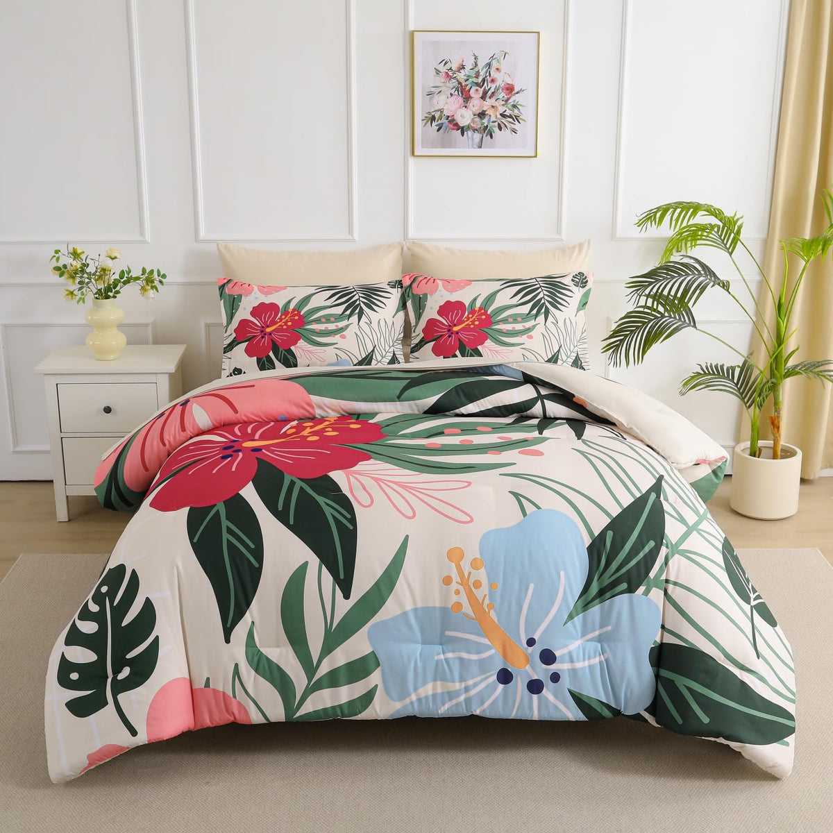 Yogeneg 7 Piece Bed in a Bag Queen Comforter Set Botanical Floral Bedding Set,White Flowers Leaves Printed on Black Reversible Design,Soft Microfiber Comforter with Sheet Set,All Season
