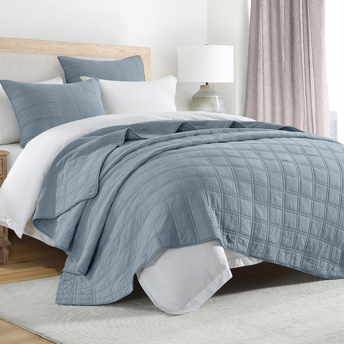 HORIMOTE HOME 100% Cotton Quilt Set Queen Size, Baby Blue Pre-Washed 3-Piece Bedspread Coverlet Set, Cozy Lightweight Stitching Bedding Cover with 2 Shams in Geometric Pattern for All Season