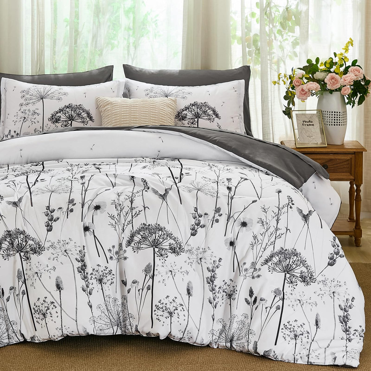 Yiran Queen Comforter Set, 7 Piece Floral Dark Green Bedding Set, Dandelion Botanical Bed in a Bag Queen, Soft Microfiber Complete Bedding Set with Comforter, Sheets, Pillowcases & Shams