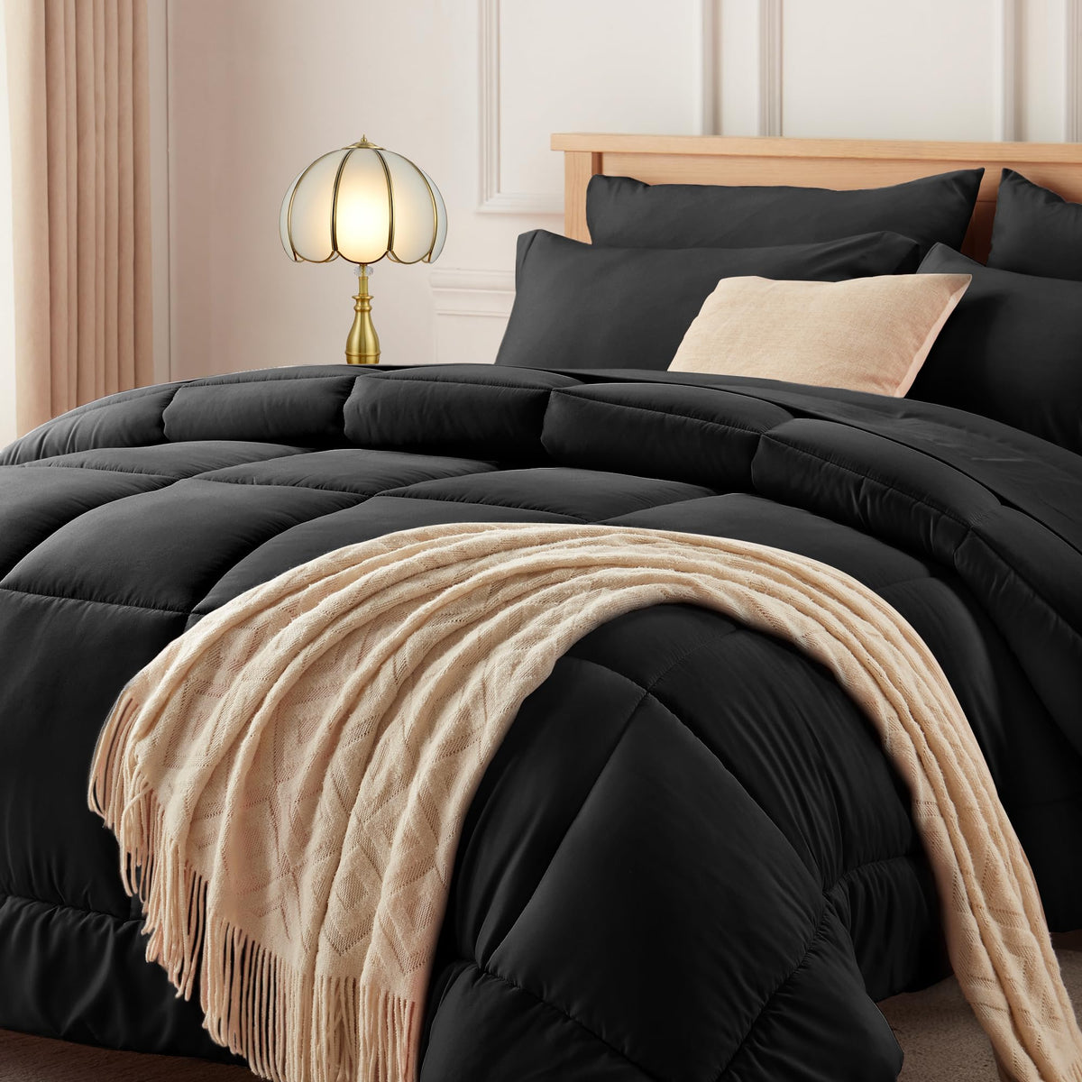 Newspin Queen Comforter Set 8 Pieces Bed in a Bag Soft Bedding Set Beige