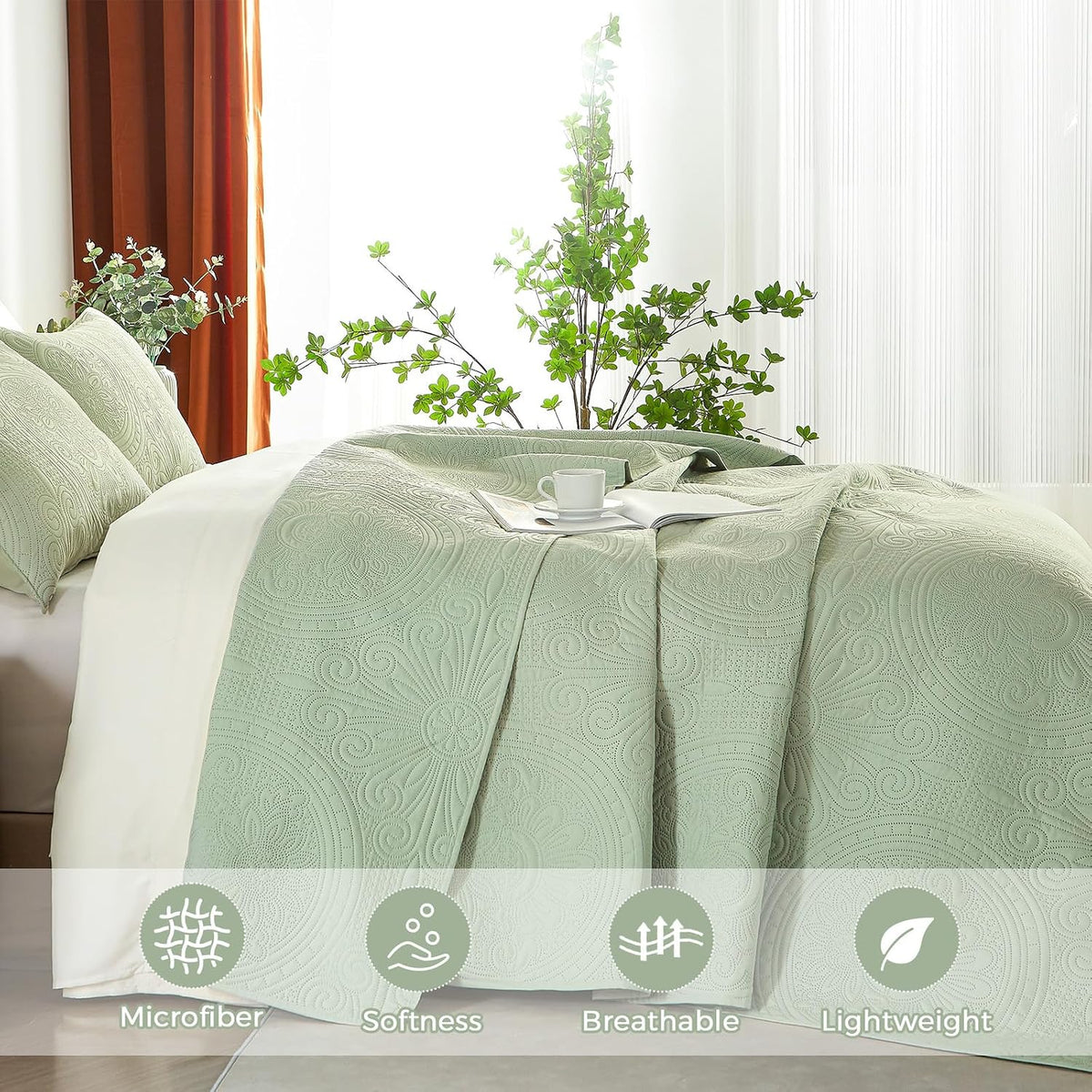 WURUIBO King/Cal King Quilt Set Sage Green,Ultrasonic Embossed Bedspread, Lightweight Microfiber Coverlet, Modern Thin Bedding Set for All Season, 3 Piece(1 Quilt,2 Pillow Shams)