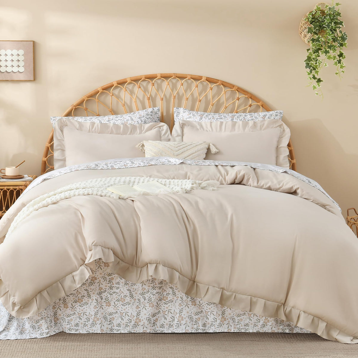 Litanika 7Pcs Queen Ruffled Sage Green Comforter Set with Floral Sheets