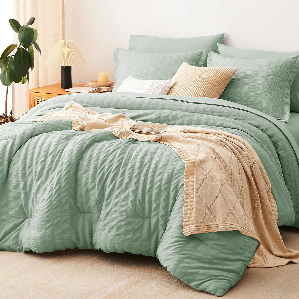 CozyLux Queen Comforter Set, 7 Pieces Beige Seersucker Bed in a Bag