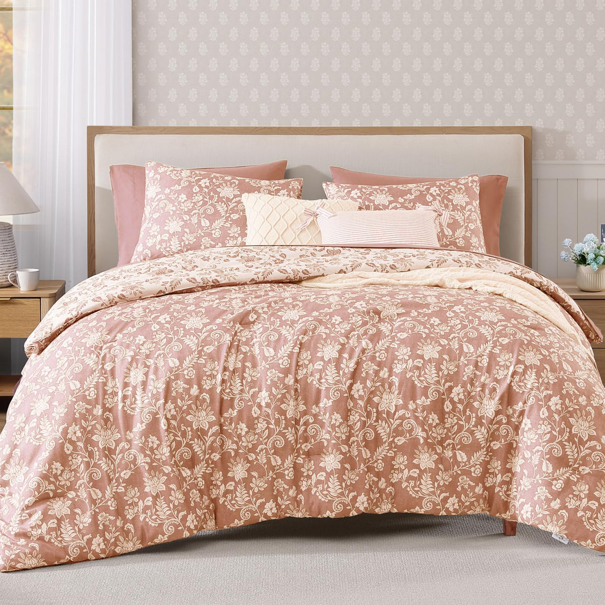 BLOOMHAVEN Queen Comforter Set-7 Pieces Brown Floral Bed in a Bag Queen