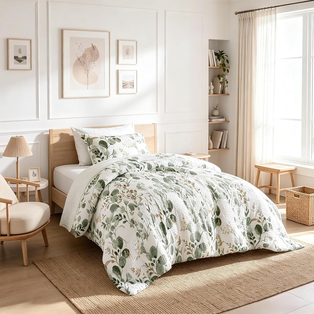Lightweight Seersucker Botanical Comforter Set King Size, 3 Pieces Reversible Design with Striped Print, Premium Microfiber Bedding Set, Comforter and Sham Set, Green