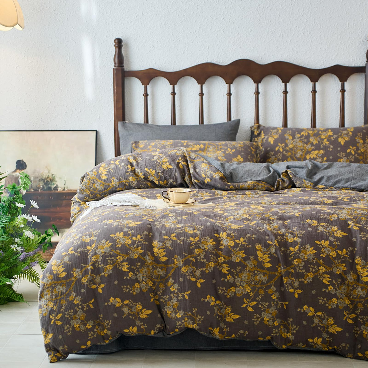 mixinni Duvet Cover Set King Size Bird Flower Pattern Soft Long Staple Cotton Floral Bedding Comforter Cover Set with Zipper Ties for Women and Men, Ultra Soft, Breathable, Easy Care-King Size