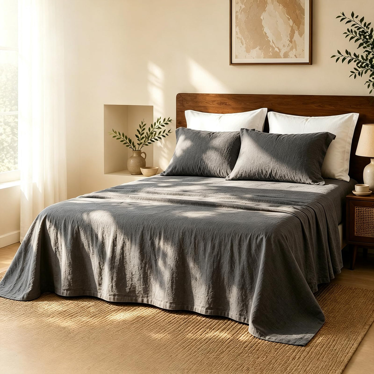 MEISHANG 100% French Linen Sheets Queen,4 Pcs,18-24" Extra Deep Pocket