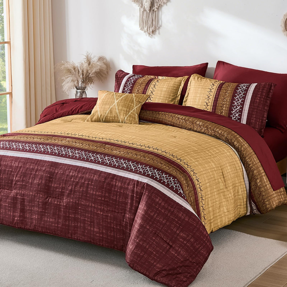Dintszyayue Sage Green King Comforter Size Set, 8 Pieces Striped Boho Texture Bed in a Bag Sets, Lightweight Soft Bohemian Comforter and Sheet Set, All Season Microfiber Bedding Sets for Men Women