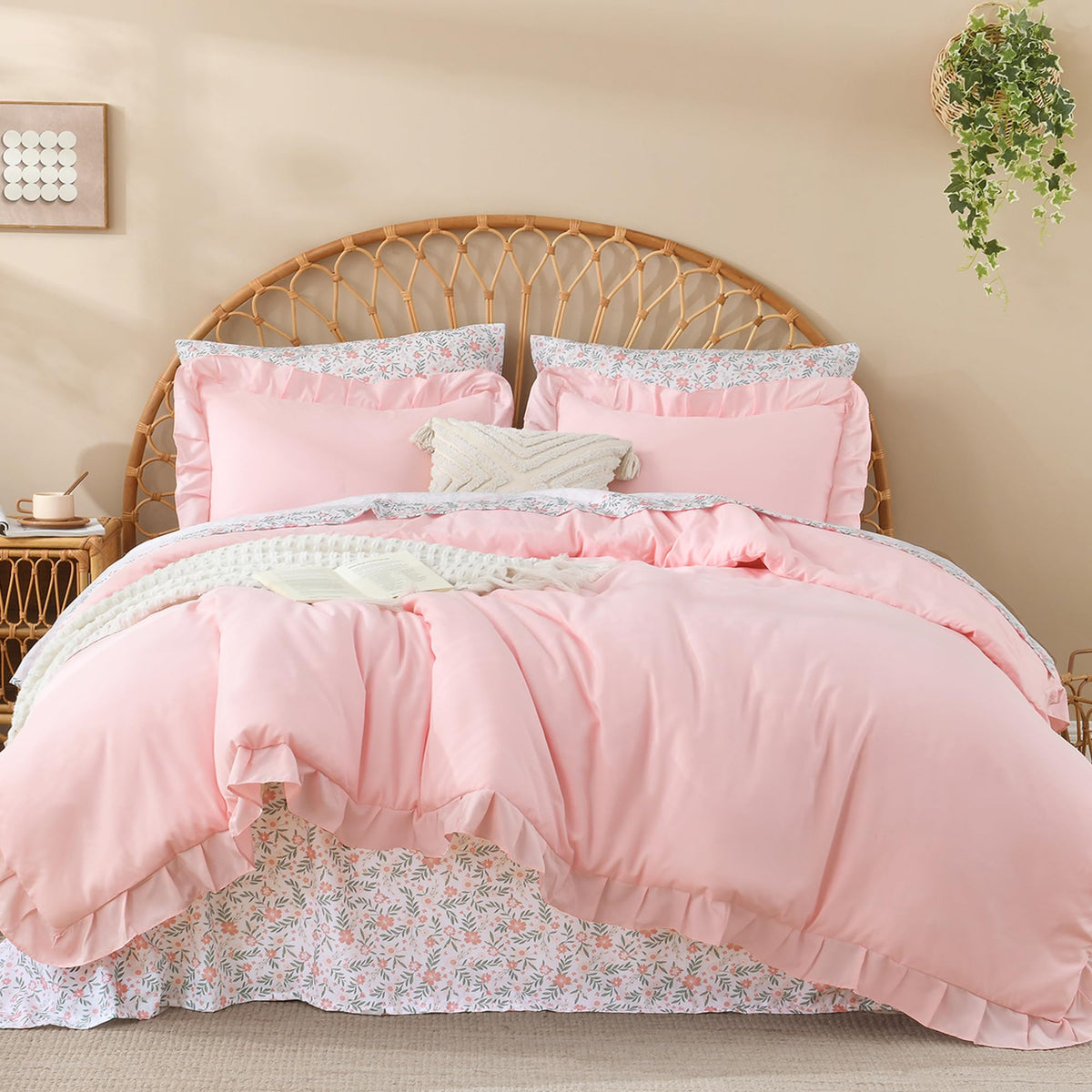 Litanika 7Pcs Queen Ruffled Sage Green Comforter Set with Floral Sheets