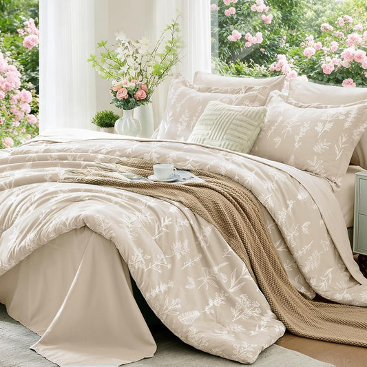 MUXHOMO Beige Full Comforter Set, Elegant Floral Print Bed in a Bag 7 Pieces, Ultra Soft & Breathable Reversible Botanical Pattern Bedding Set with Comforter, Sheets, Pillowcases, and Shams
