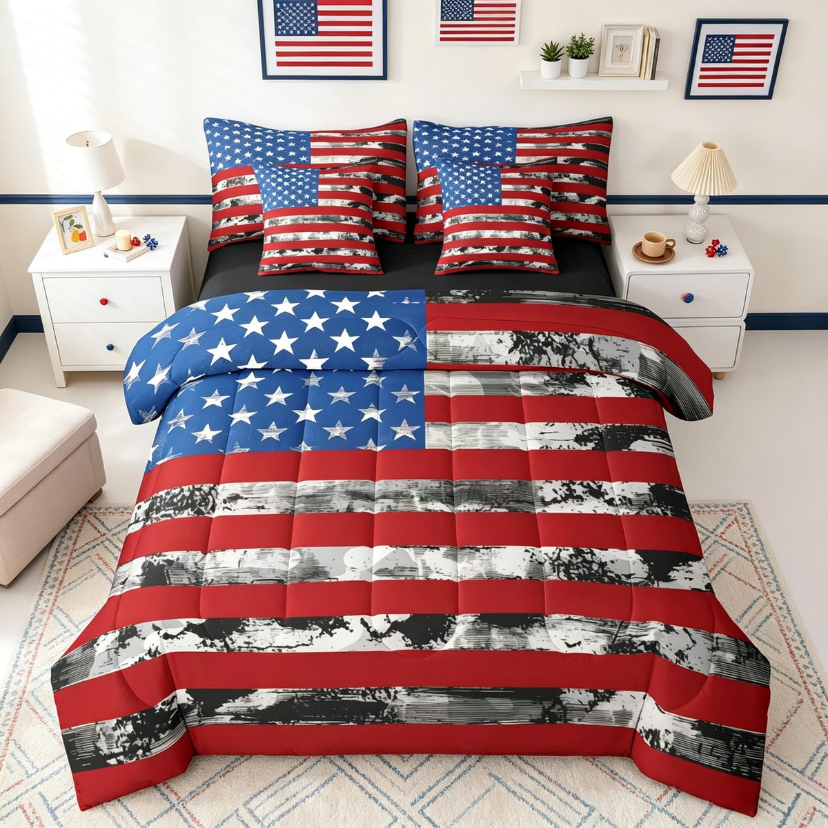 Erosebridal 7 Pcs Rustic Cow Comforter Set King Size,Western Texas Star Bed in a Bag with Flat Fitted Sheet for Cowboy Cowgirl,Cowhide Cow Print Bedding Set with Pillowcases and Cushion Cases