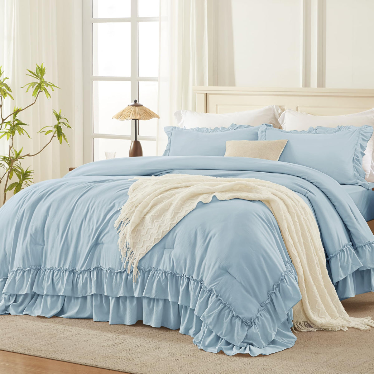 Andency Beige Ruffle Full Size Comforter Set, 3 Pieces