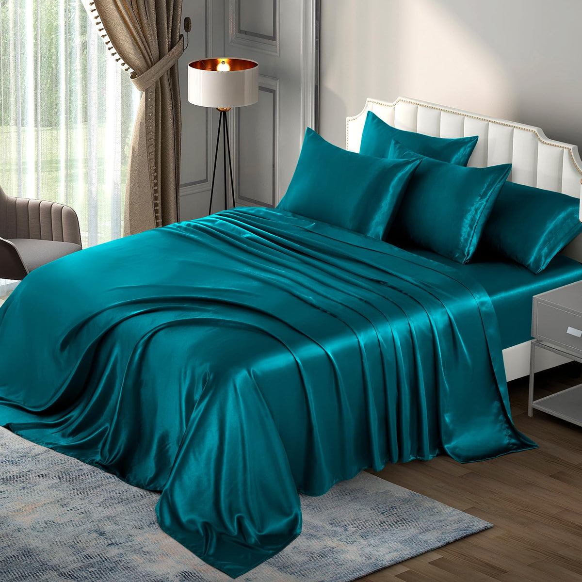 P Pothuiny Satin Sheets Set, Queen (6 Pieces, Taupe) - Luxury Soft Bed Linen Set with 1 Fitted Sheet, 1 Flat Sheet, 4 Pillowcases