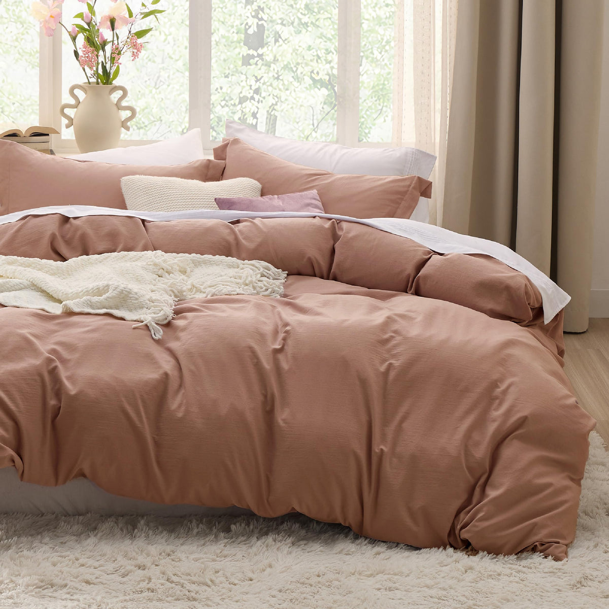 Bedsure Prewashed Duvet Cover Queen, Cotton-Like Soft Bedding Set, Beige