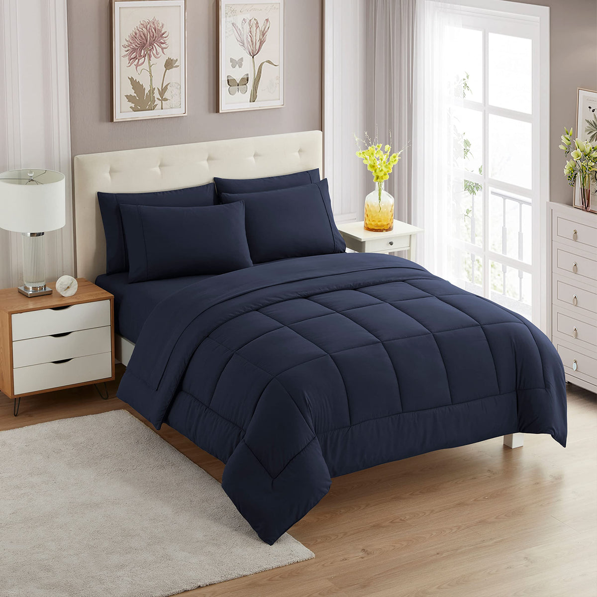Sweet Home Collection 5 Piece Comforter Set Bag Solid Color All Season Soft Down Alternative Blanket & Luxurious Microfiber Bed Sheets, Navy, Twin