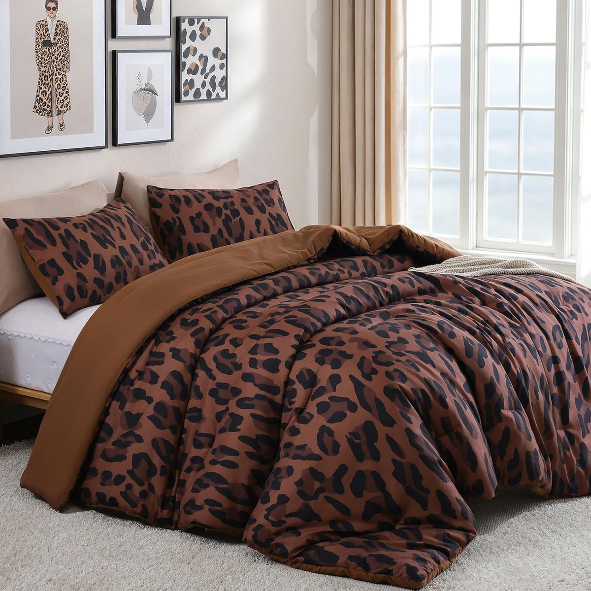 Cheetah Print Comforter Set Queen, Luxury Leopard Print Bedding, Brown