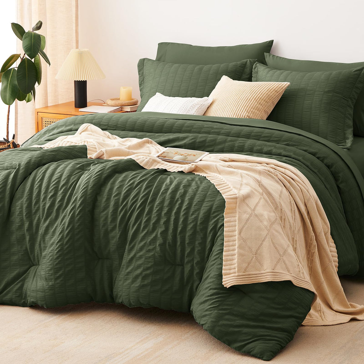 CozyLux Queen Comforter Set, 7 Pieces Beige Seersucker Bed in a Bag
