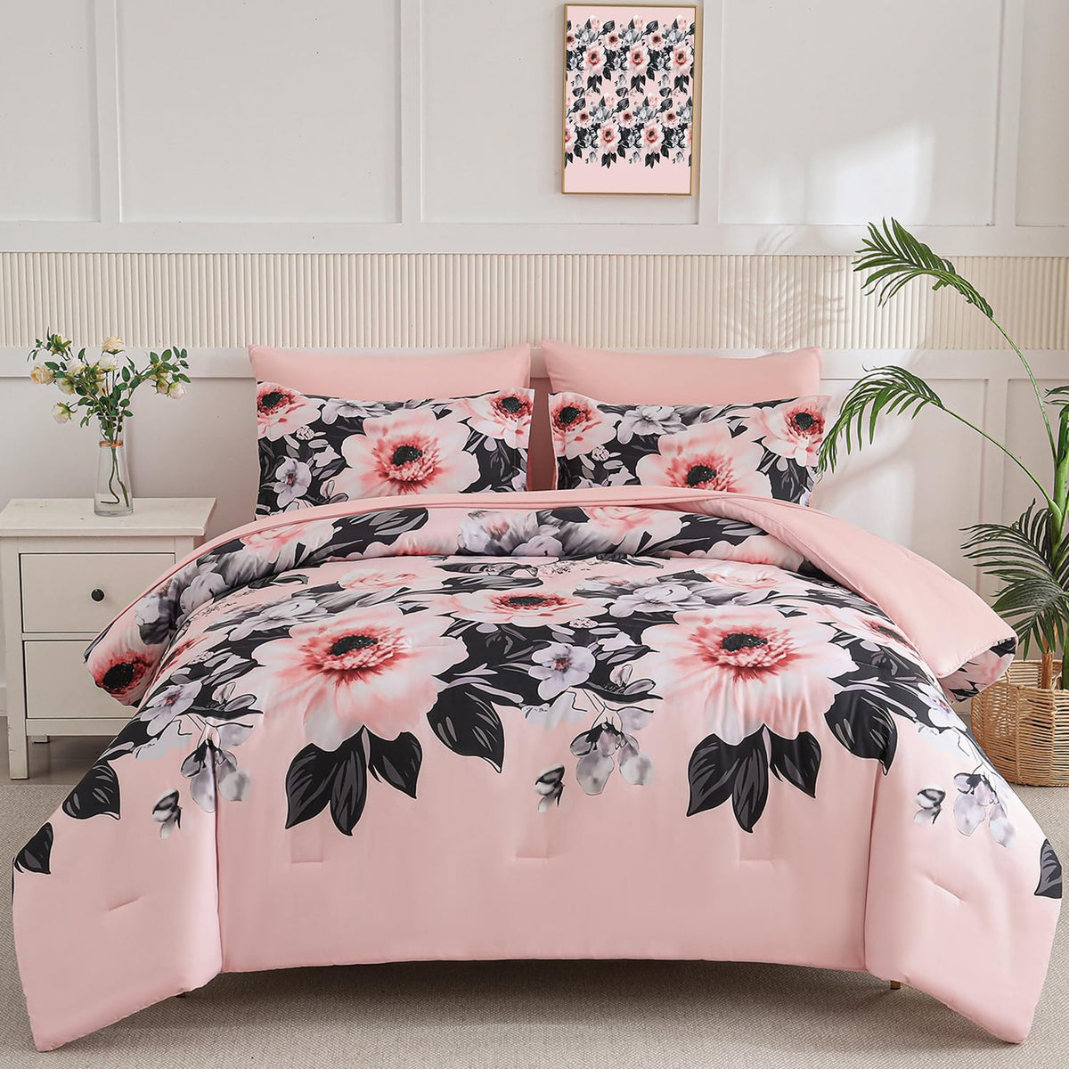 Yogeneg 7 Piece Bed in a Bag Queen Comforter Set Botanical Floral Bedding Set,White Flowers Leaves Printed on Black Reversible Design,Soft Microfiber Comforter with Sheet Set,All Season