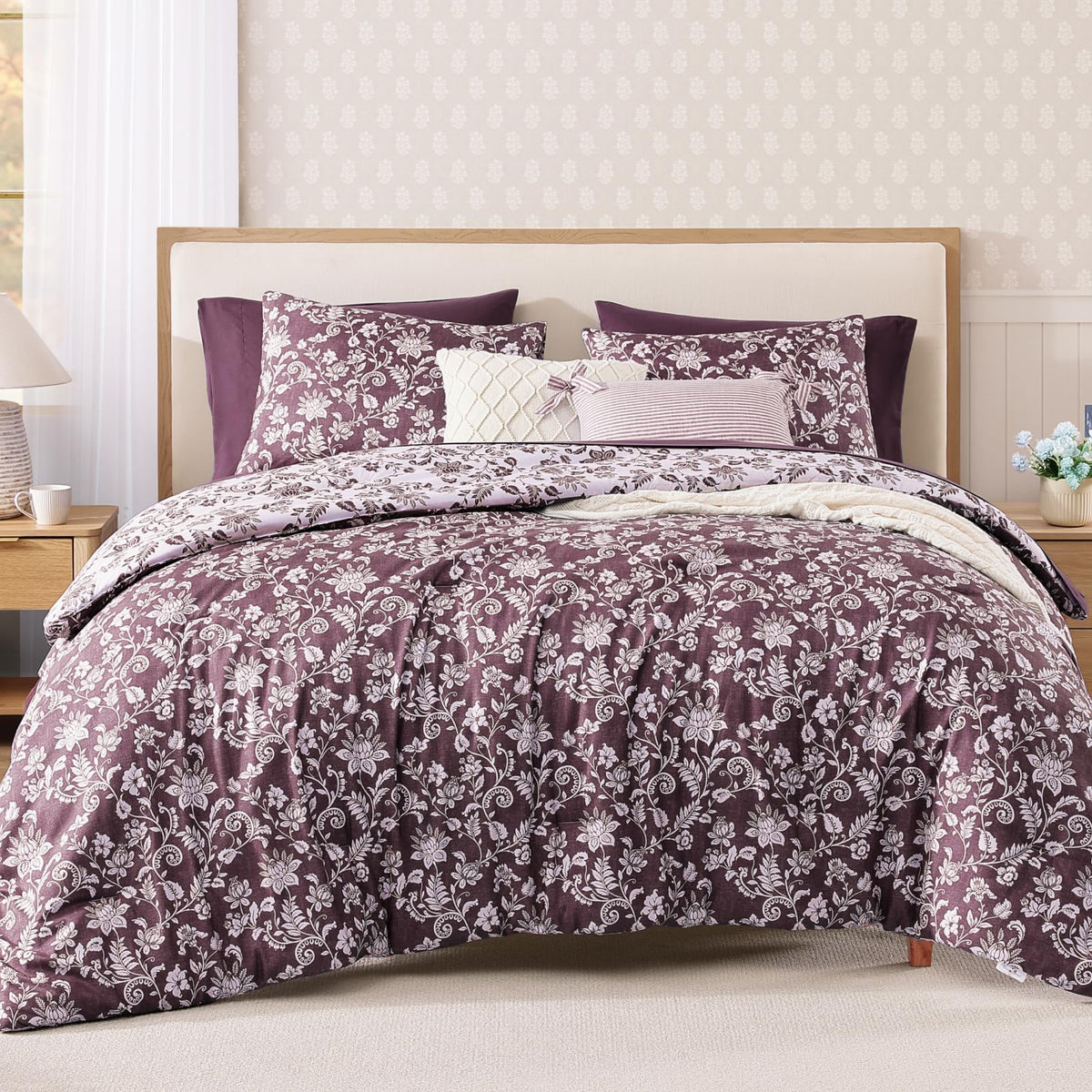 BLOOMHAVEN Queen Comforter Set-7 Pieces Brown Floral Bed in a Bag Queen