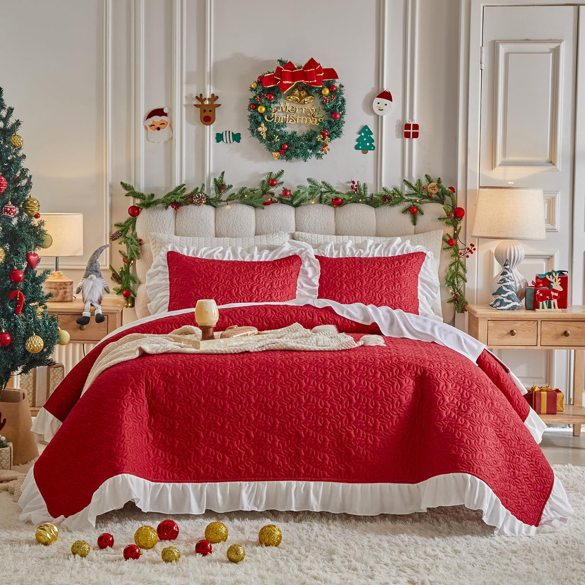 Ruffled Quilt Set King Size 96 * 108in - 3 Pieces Solid Shabby Chic Farmhouse Ruffle Bedding Rustic Coverlet & Sets Lightweight Fluffy Summer Oversized Bedspread with Shams for Women Men - Green
