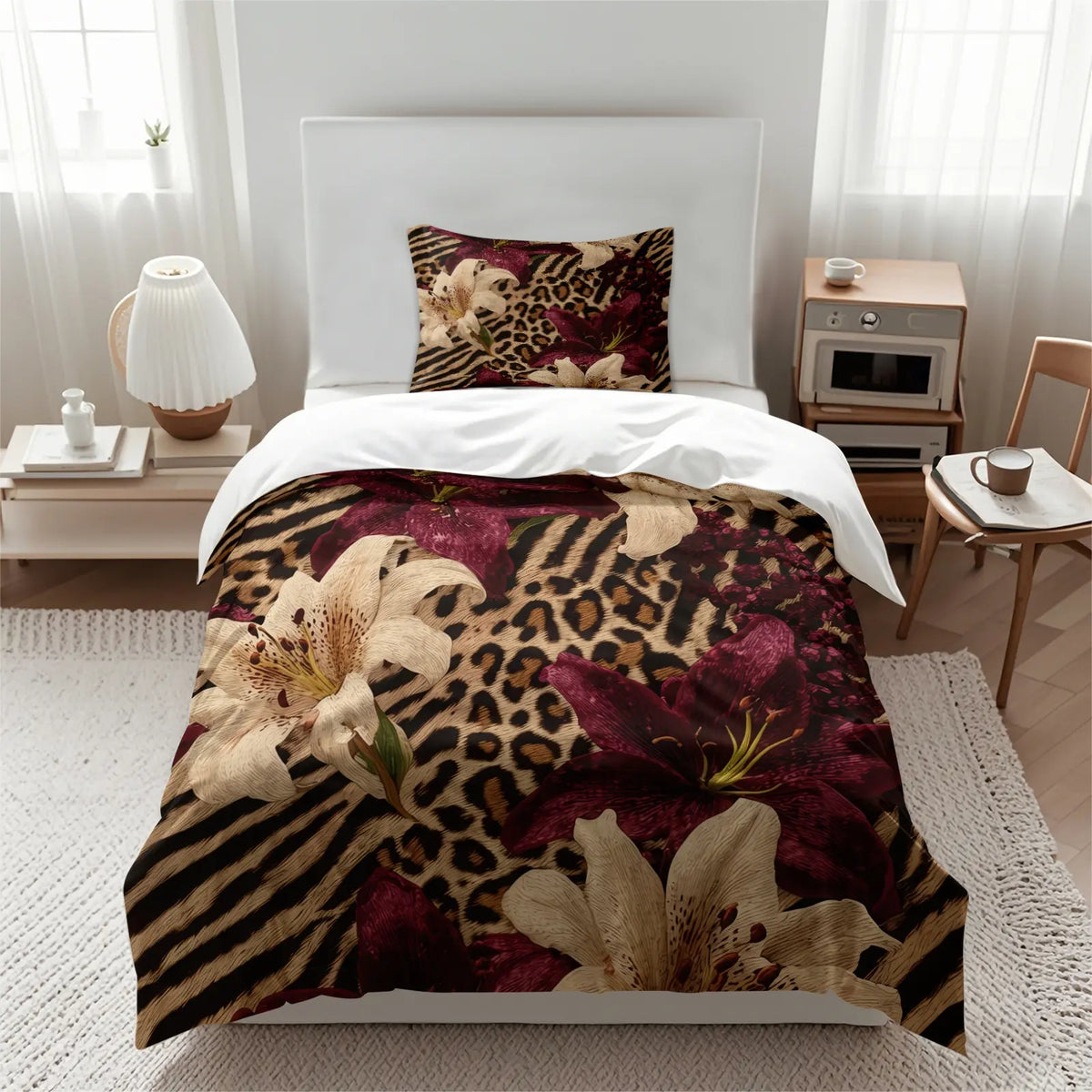 Dark Floral Leopard Print Duvet Cover Set, Includes 1 Duvet Cover and 1‑2 Pillowcases, Soft Comfortable Breathable All‑Season Bedding Set, Burgundy Lily Flower Realistic Pattern, Glam Gothic Boho Aesthetic Room Decor, Soft Bedding Sets