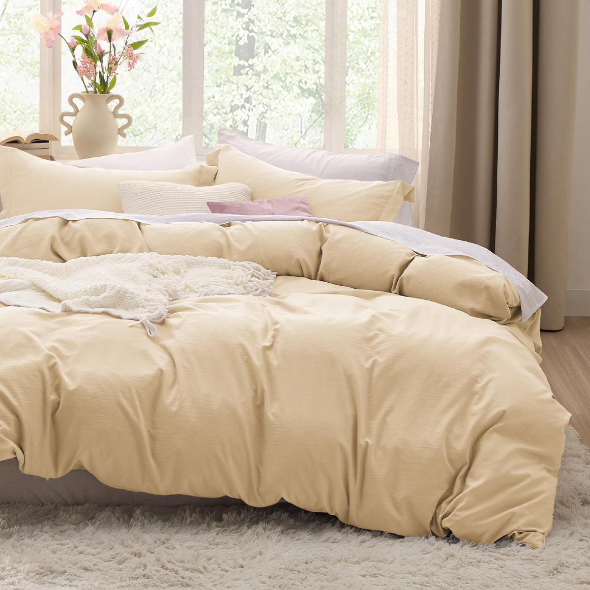 Bedsure Prewashed Duvet Cover Queen, Cotton-Like Soft Bedding Set, Beige