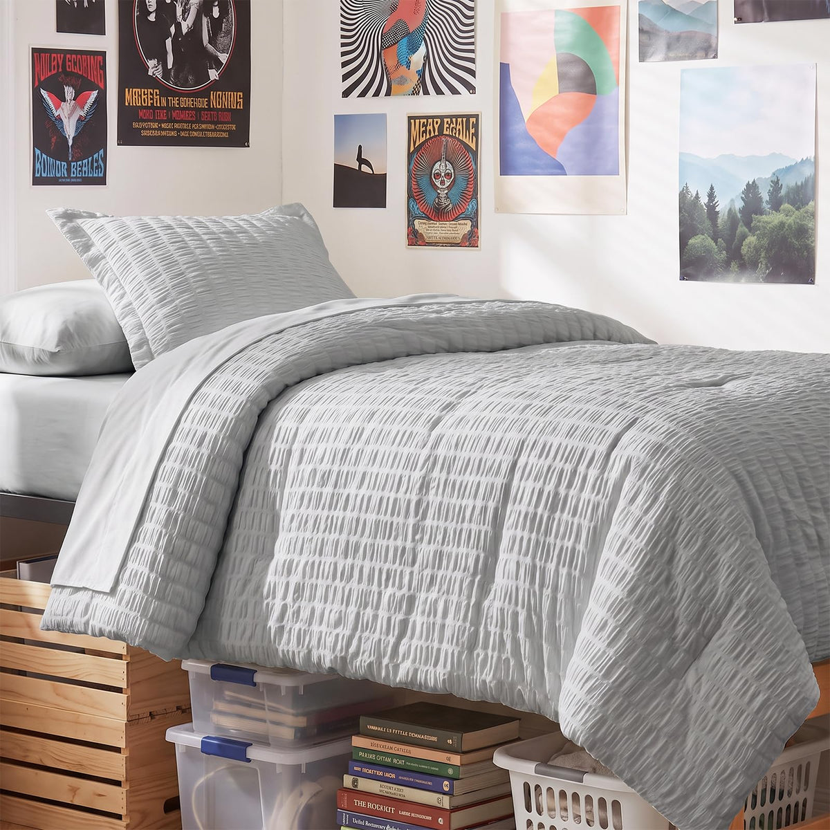 CozyLux Queen Comforter Set, 7 Pieces Beige Seersucker Bed in a Bag