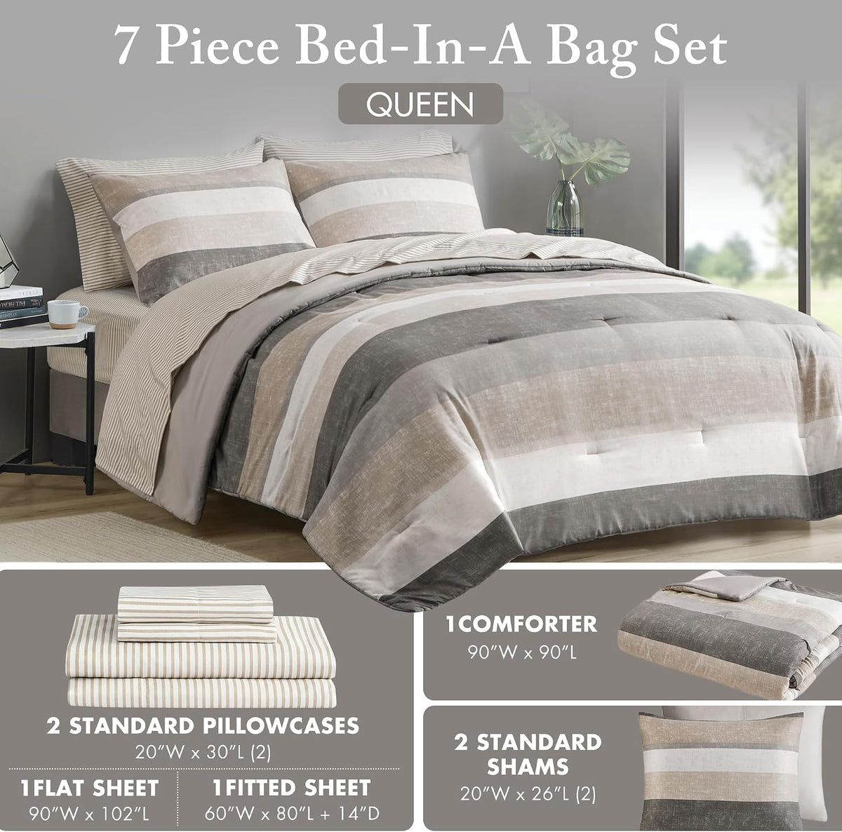 Madison Park Essentials Queen Comforter Set, Bed in A Bag Comforter & Sheet Set, Modern Casual Stripes Print, All Seasons, Soft Microfiber Bedding Makeover, Matching Shams, Queen Taupe/Grey 7 Piece