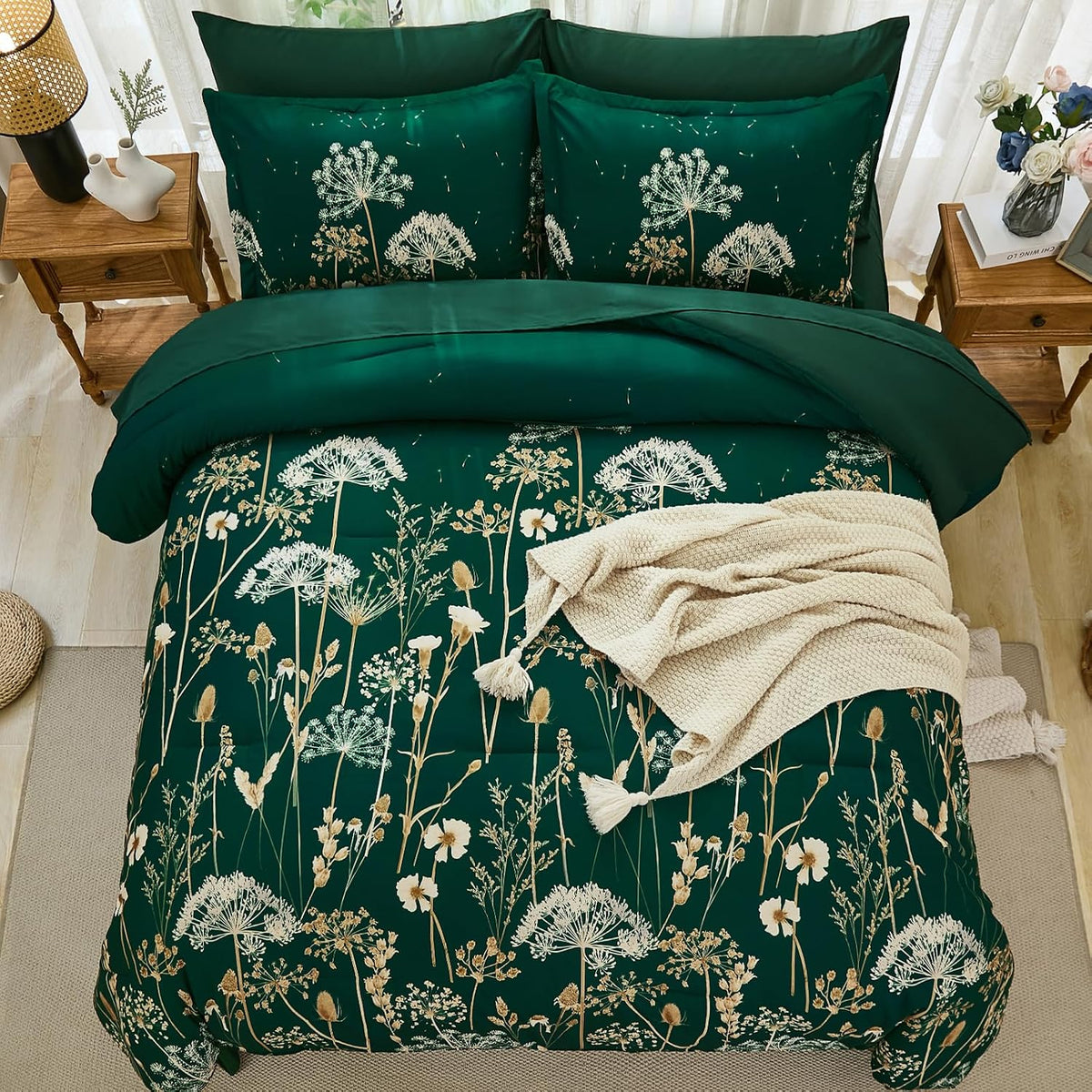 Yiran Queen Comforter Set, 7 Piece Floral Dark Green Bedding Set, Dandelion Botanical Bed in a Bag Queen, Soft Microfiber Complete Bedding Set with Comforter, Sheets, Pillowcases & Shams