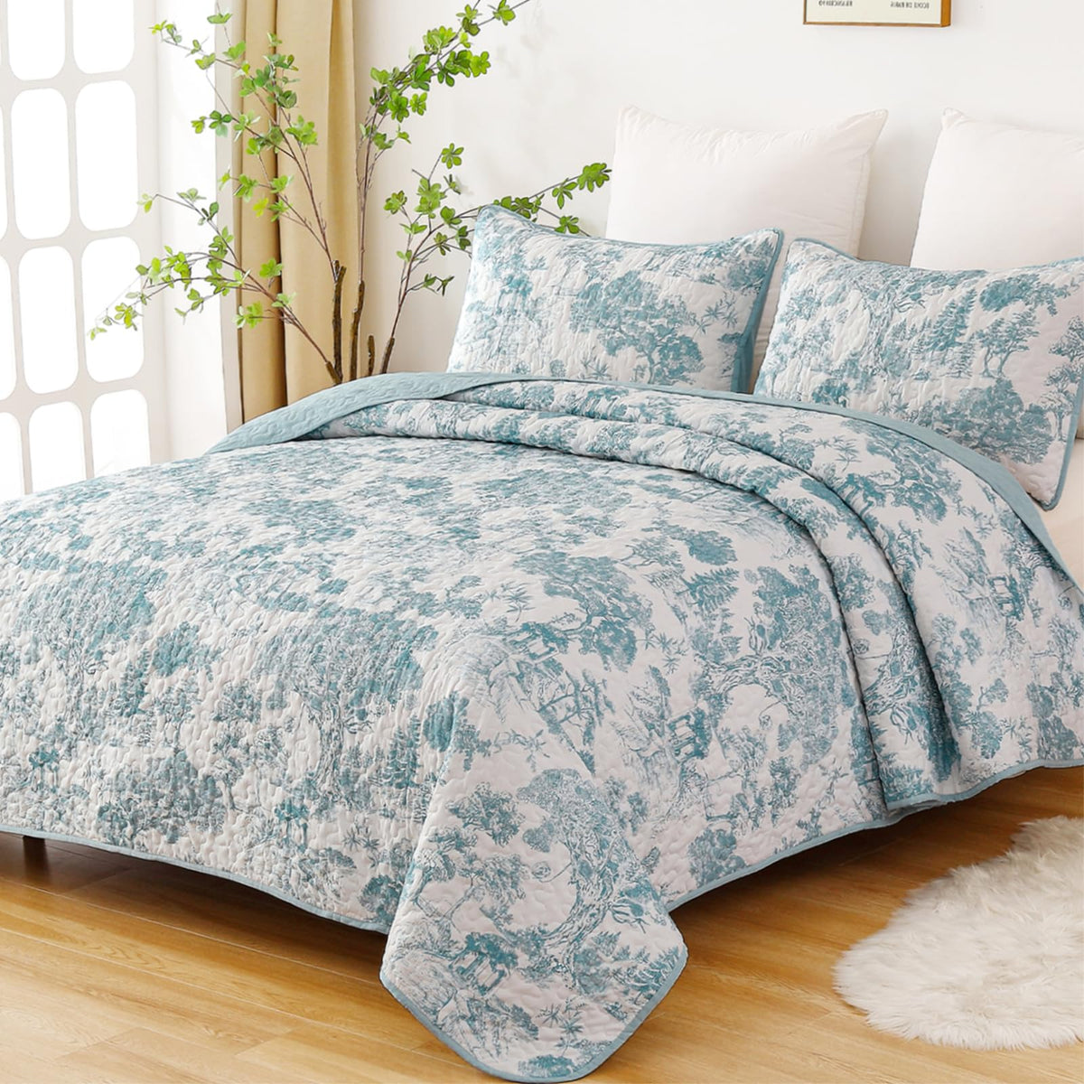 WONGS BEDDING Sage Green Quilt Set Queen Size, Botanical Floral Bedspread