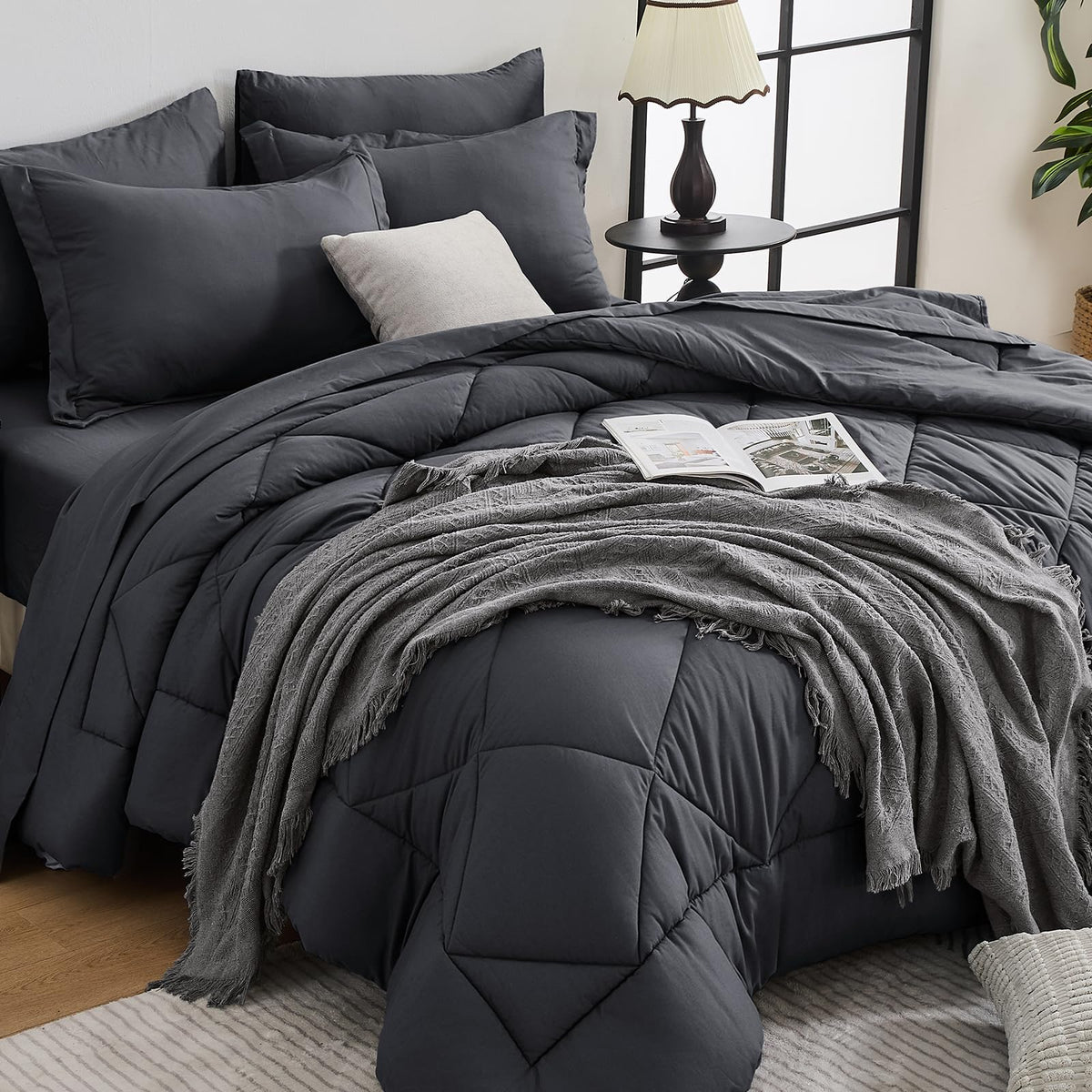 HEVUMYI 7-Piece King Comforter Set, Dark Grey Bed in a Bag