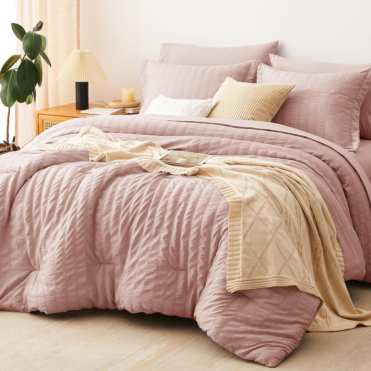 CozyLux Queen Comforter Set, 7 Pieces Beige Seersucker Bed in a Bag