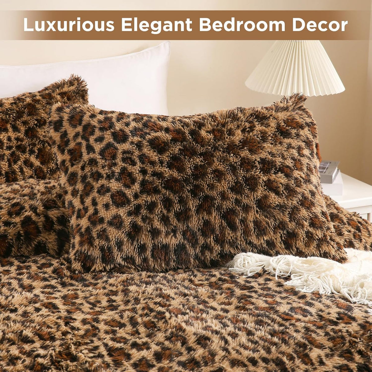 Cheetah Print Fluffy Faux Fur Comforter Set Full Size, 3 Pieces, Brown