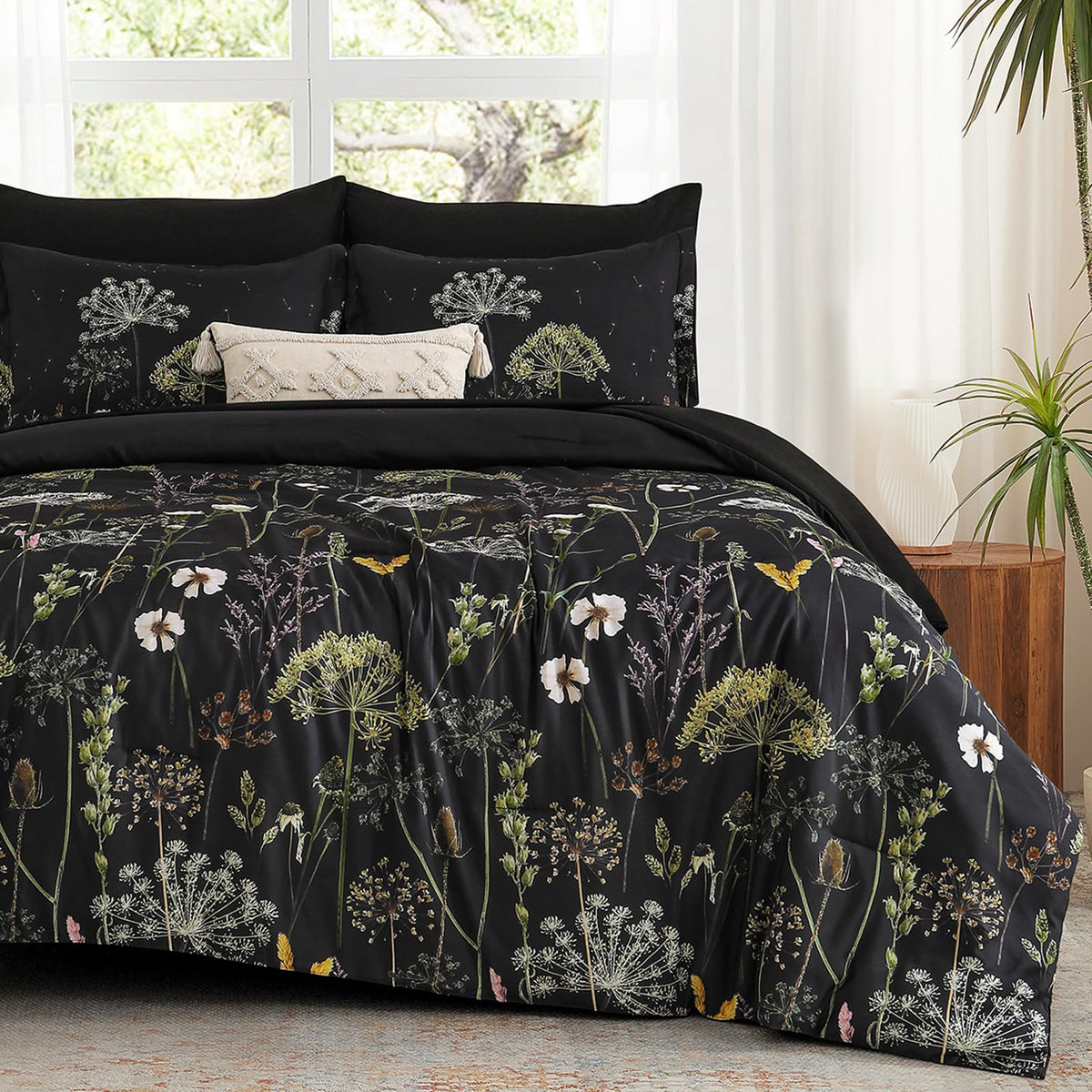 Yiran Queen Comforter Set, 7 Piece Floral Dark Green Bedding Set, Dandelion Botanical Bed in a Bag Queen, Soft Microfiber Complete Bedding Set with Comforter, Sheets, Pillowcases & Shams