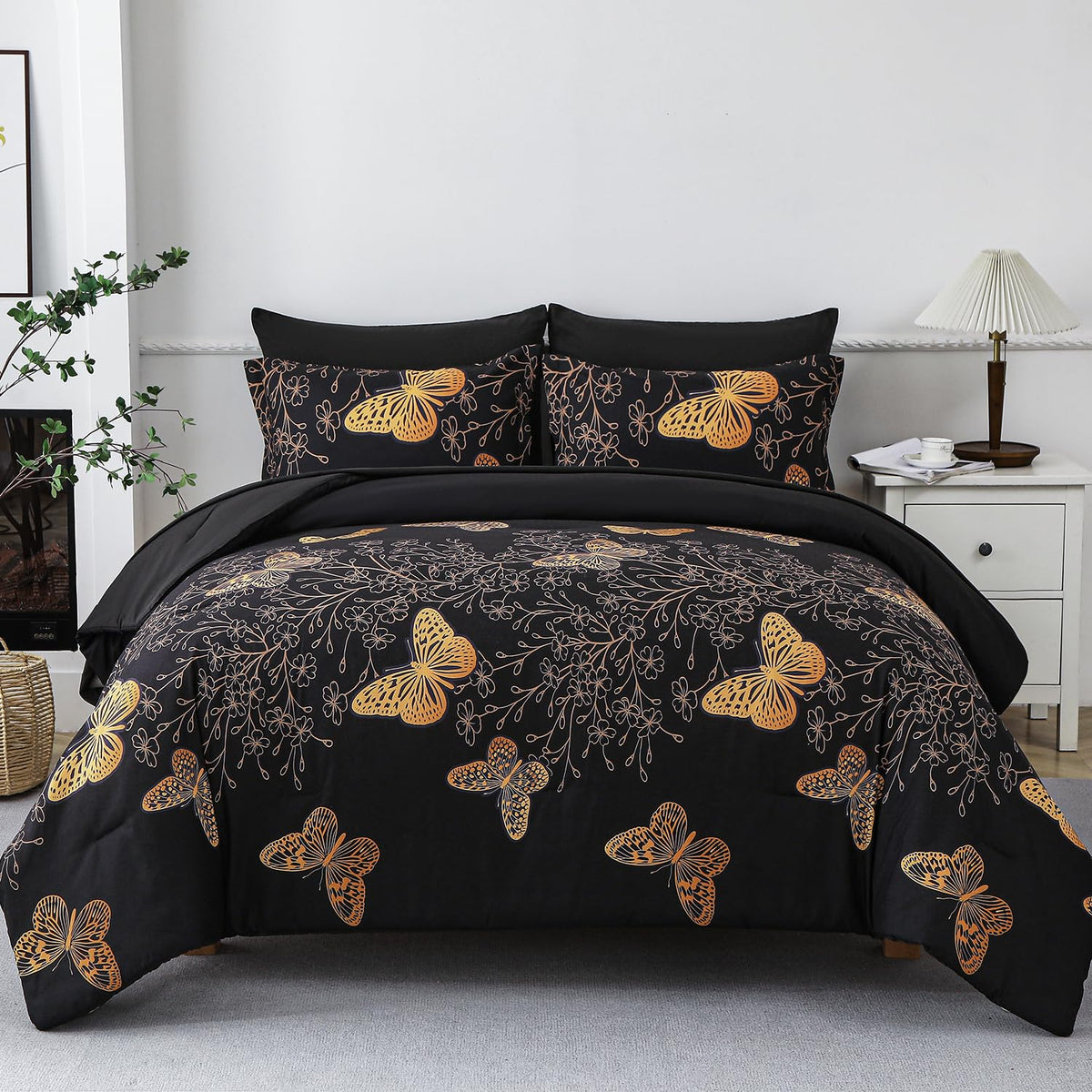 Yogeneg 7 Piece Bed in a Bag Queen Comforter Set Botanical Floral Bedding Set,White Flowers Leaves Printed on Black Reversible Design,Soft Microfiber Comforter with Sheet Set,All Season