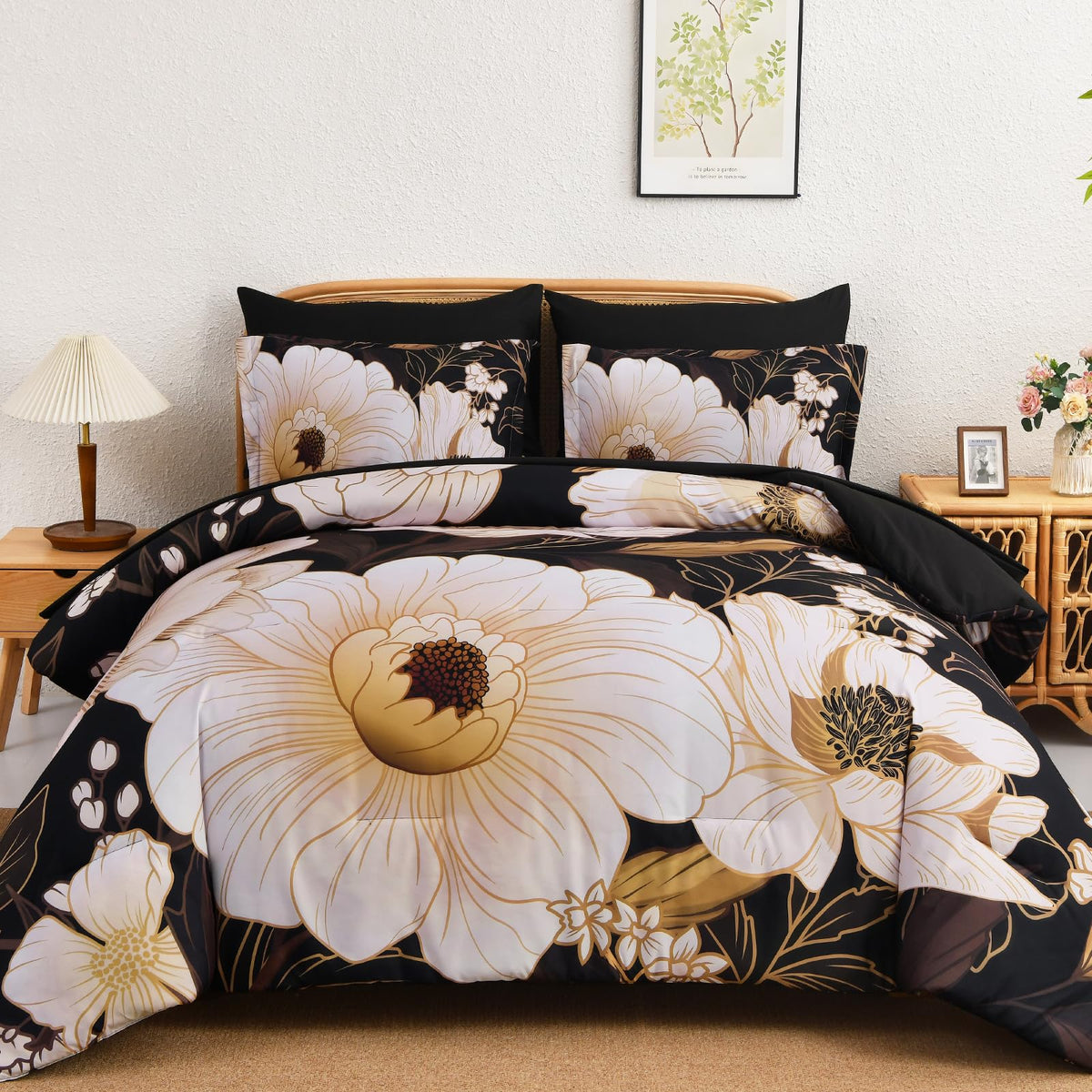 Xruibed Black Comforter Set King Size 7 Pieces Leaf Bed in a Bag Set