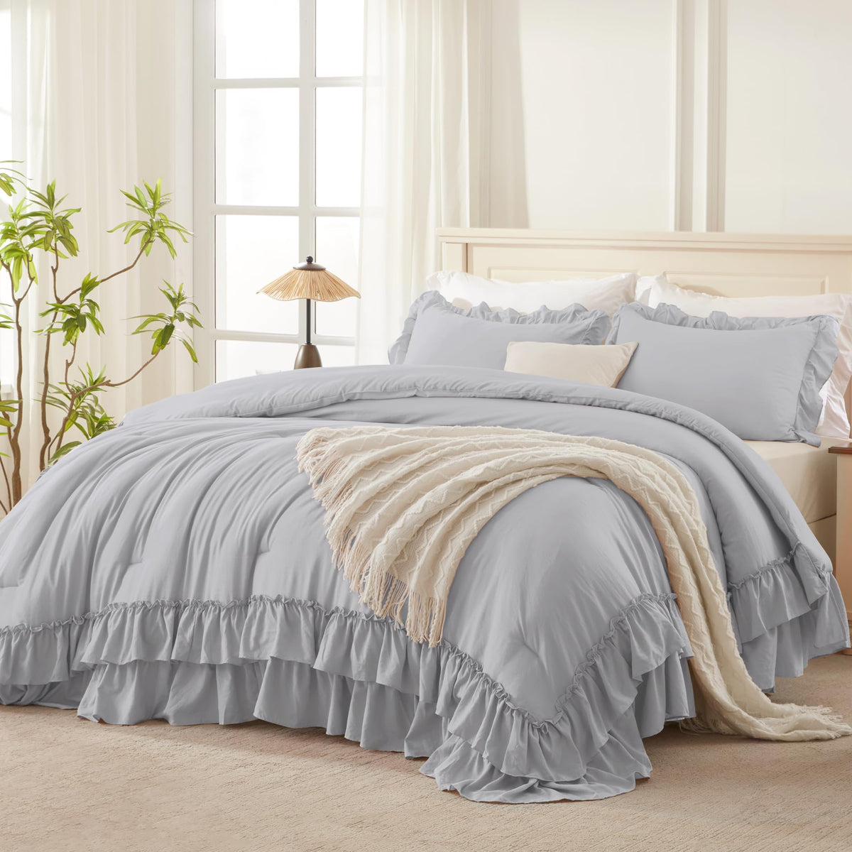 Andency Beige Ruffle Full Size Comforter Set, 3 Pieces