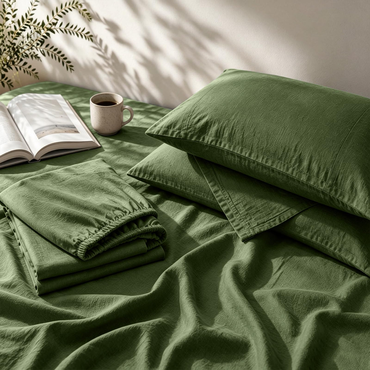 MEISHANG 100% French Linen Sheets Queen,4 Pcs,18-24" Extra Deep Pocket